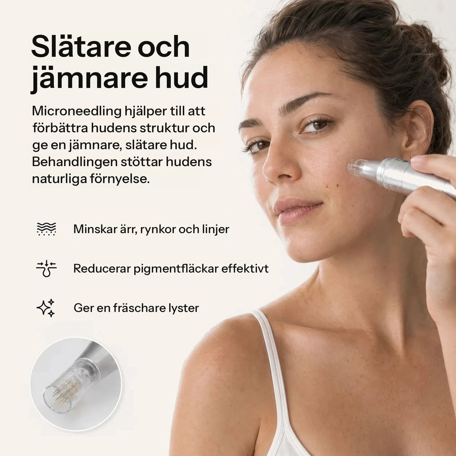 Slätare och jämnare hud – kvinna använder Feevra Microneedling Pen på kinden