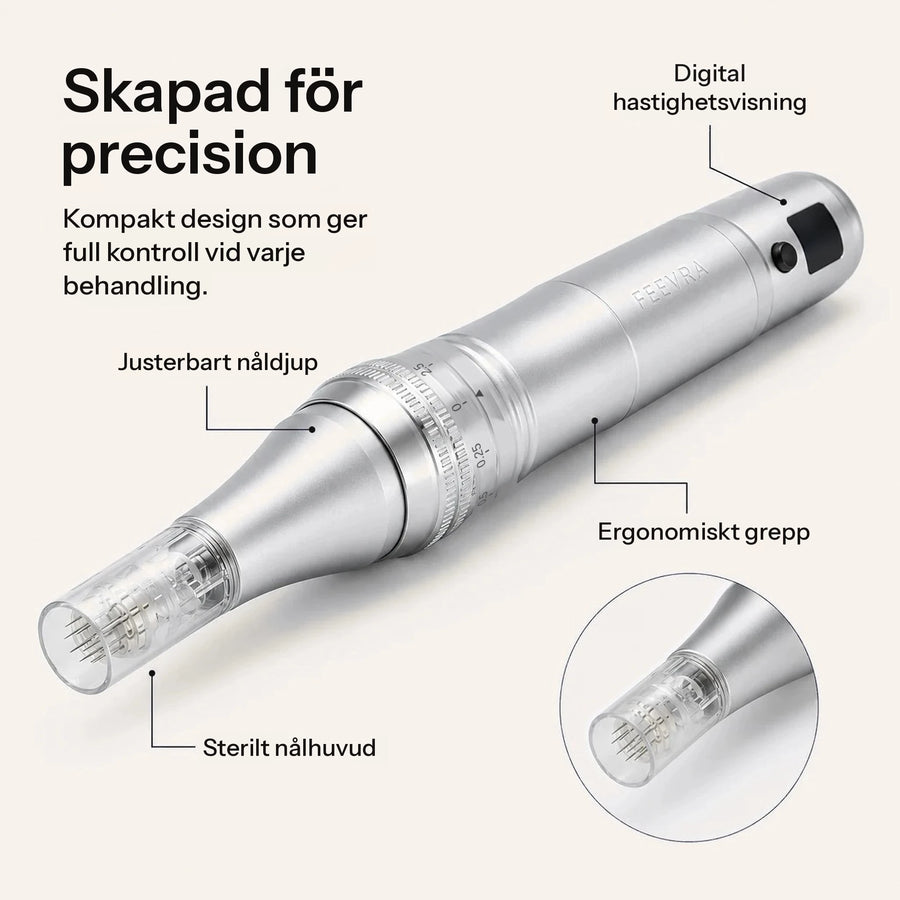Feevra Microneedling Pen skapad för precision – justerbart nåldjup, digital hastighetsvisning och ergonomiskt grepp